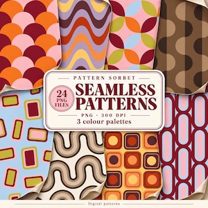 Könnte beinhalten: Eine Sammlung digitaler nahtloser Muster mit verschiedenen geometrischen Designs, darunter Kreise, Wellen, Rechtecke und Ovale in mehreren Farbpaletten. Ein zentrales Etikett zeigt den Text Pattern Sorbet Seamless Patterns 24 PNG Files.