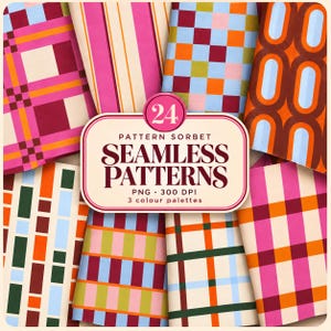 Op de afbeelding: Een collectie van 24 naadloze digitale patronen met diverse geometrische ontwerpen, waaronder ruiten, strepen en ovalen in levendige kleurenpaletten. Het centrale label toont de tekst 24 PATTERN SORBET SEAMLESS PATTERNS PNG 300 DPI 3 colour palettes.