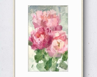 Peonies 6x10 Original Floral Gouache Painting on Paper Signed by Artist