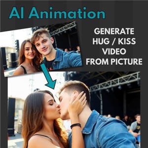 Può includere: Una coppia che si bacia davanti a un palco con le luci. L'immagine è una dimostrazione di un servizio di animazione AI che può generare video di abbracci o baci da una foto.