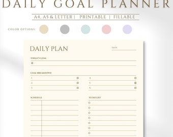 May include: A printable daily goal planner with sections for today's goal, goal breakdown, schedule, and to-do list. The planner has a cream background with brown lines and text.