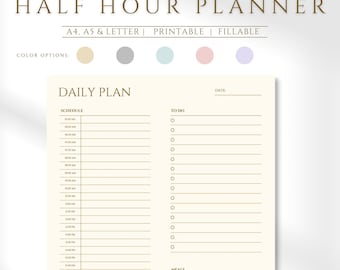 Puede incluir: Un planificador diario imprimible con fondo beige. El planificador está dividido en dos columnas, una para el horario y la otra para la lista de tareas. La columna del horario tiene franjas horarias de 6:00 AM a 12:00 PM. La columna de la lista de tareas tiene una sección para comidas y notas. El planificador tiene el texto "PLAN DIARIO" en la parte superior.