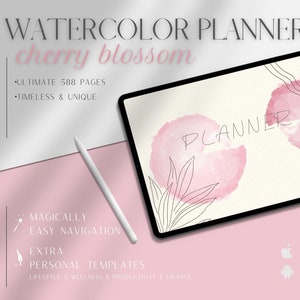 May include: A digital watercolor planner with a cherry blossom theme. The tablet displays a pink watercolor design with the word "PLANNER". The text includes "ULTIMATE 588 PAGES" and "TIMELESS & UNIQUE". A white stylus is next to the tablet.