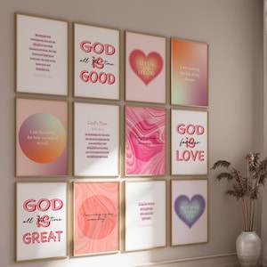 Trendy Christian Wall Art Set of 12 | Pink Bible Verse Wall Art Set | Jesus Poster Set | Christian Aesthetic Printable | Quote Girl Wall Art