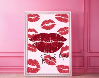 Arte de pared de beso rojo / Póster de besos de lápiz labial de moda / Impresión de besos de boca roja / Póster de labios retro / Arte de pared para habitación de niña / Decoración de pared para sala de maquillaje