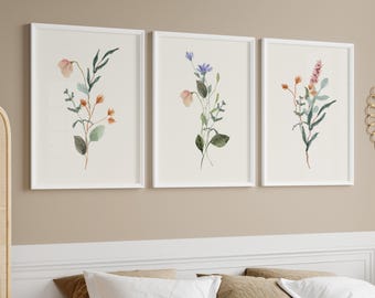 Watercolor Wildflower Set of 3 | Neutral Flowers 3 Piece Poster | Floral Line Art Print | Botanical Wall Decor | Boho Minimalist Home Decors