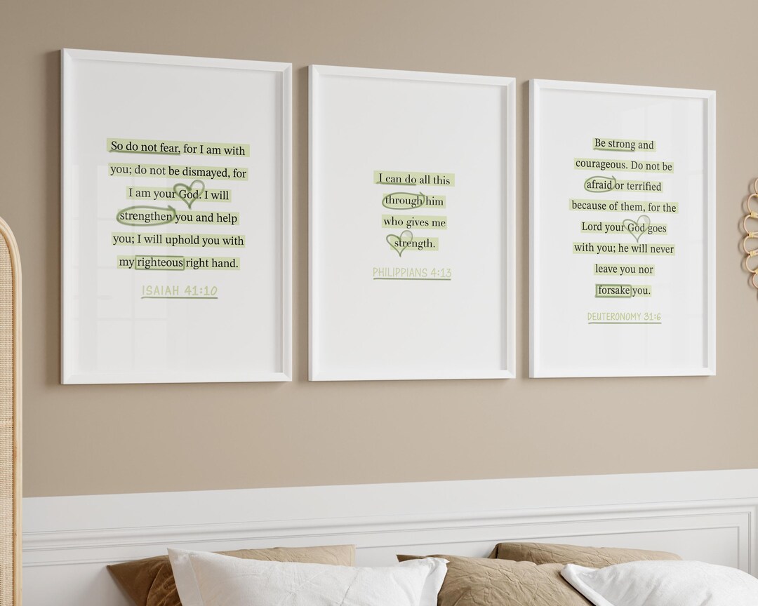 Trendy Christian Wall Art Set of 3 | Green Bible Verse Wall Art | Jesus ...