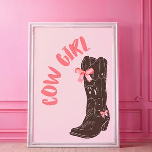 Trendy Cowgirl Boots Wall Art | Western Pink Boots Poster | Coastal Cowgirl Wall Art | Coquette Bow Cowgirl Boots Print | Preppy Pink Poster