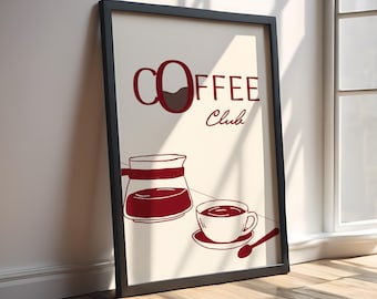 Retro Coffee Club Wall Art | Modern Coffee Poster | Vintage Style Kitchen Decor | Trend Coffee Wall Art | Coffee Club Print | Kitchen Poster