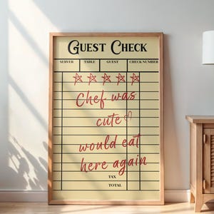 Vintage Guest Check Wall Art | Retro Guest Check Poster | Chef Was Cute Kitchen Decor | Apartment Wall Art | Gift Wall Art | Kitchen Posters