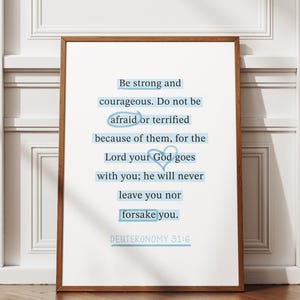 Blue Deuteronomy 31 6 Wall Art | Blue Bible Verse Wall Art | Trendy Christian Poster | Christian Aesthetic Print | Quote Christian Wall Arts