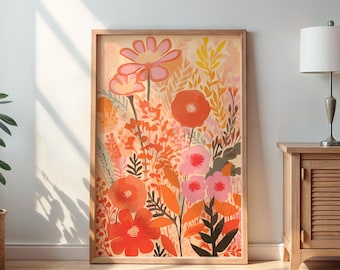 May include: A framed floral art print featuring a vibrant array of stylized flowers in shades of red, orange, and pink. The artwork includes a variety of leaf shapes and textures, set against a soft, neutral background. The wooden frame adds a natural touch.