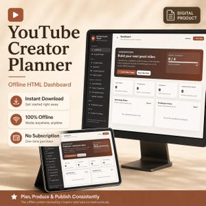 May include: A digital YouTube Creator Planner offline HTML dashboard displayed on a computer monitor and a tablet. The interface features a dark brown and white colour scheme with sections for video projects, content calendars, and production boards.