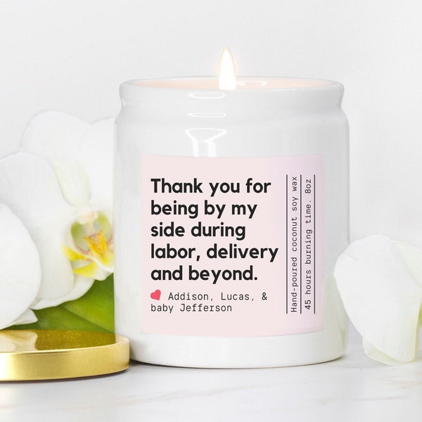 Doula gift candle, personalized thank you, midwife custom candle, Delivery labor
