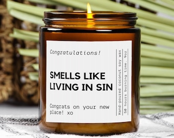 Funny Housewarming Candle: Personalized 'Living in Sin' New Home Gift