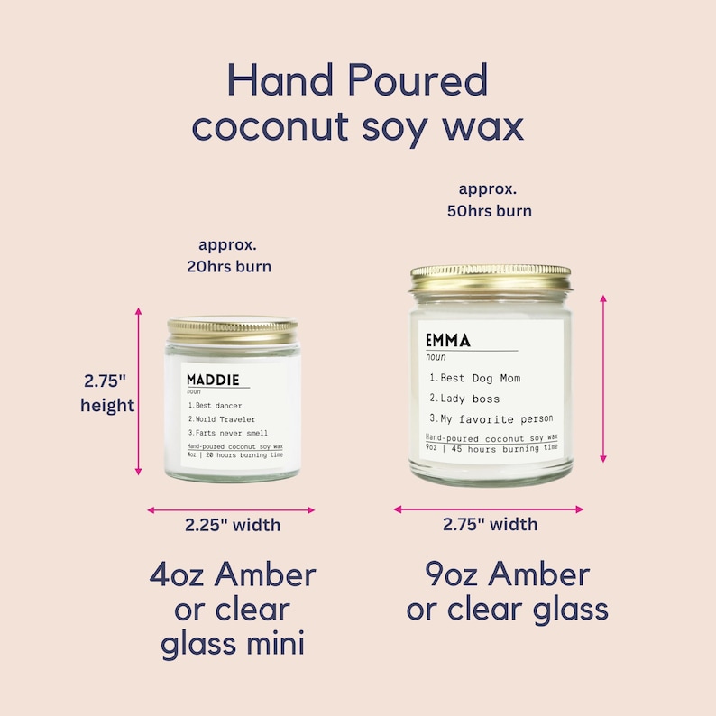 May include: Two glass candles with gold lids and white labels. The smaller 4oz candle is 2.75 inches high and 2.25 inches wide with a 20-hour burn time. The larger 9oz candle is 2.75 inches wide with a 50-hour burn time. Both contain coconut soy wax.