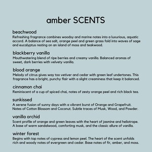 May include: A light blue graphic with the words "amber SCENTS" in a bold, black font. Below, a list of fragrance descriptions, including "beachwood," "blackberry vanilla," and "blood orange," are displayed in a smaller, black font.