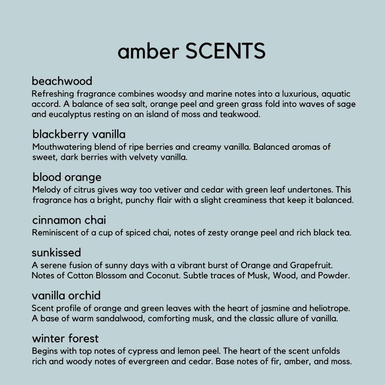 May include: A light blue graphic with the words "amber SCENTS" in a bold, black font. Below, a list of fragrance descriptions, including "beachwood," "blackberry vanilla," and "blood orange," are displayed in a smaller, black font.