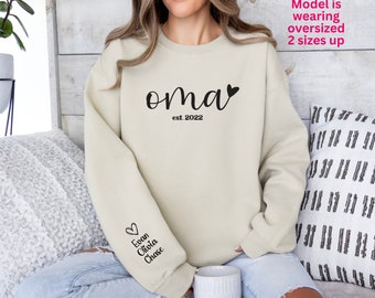 Custom Oma Sweatshirt, personalized grandkids names on sleeve, grandma shirt, Omagift