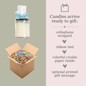May include: A glass jar candle with a black lid, wrapped in cellophane and tied with a light blue ribbon. A cardboard box filled with colourful crinkle paper sits below. Text reads: "Candles arrive ready to gift."
