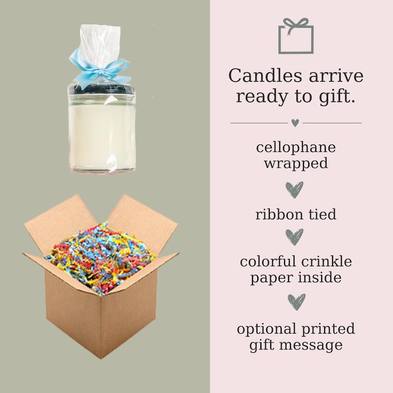 May include: A glass jar candle with a black lid, wrapped in cellophane and tied with a light blue ribbon. A cardboard box filled with colourful crinkle paper sits below. Text reads: "Candles arrive ready to gift."