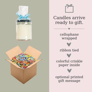 May include: A clear glass jar candle with a black lid, wrapped in cellophane and tied with a light blue ribbon. A cardboard box filled with colorful crinkle paper is open below. Text reads: Candles arrive ready to gift.