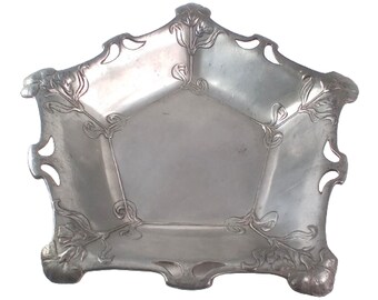 アール・ヌーヴォーデザイン ピュータートレー アールヌーボーアンティークラウンドピュータートレイノーブル187