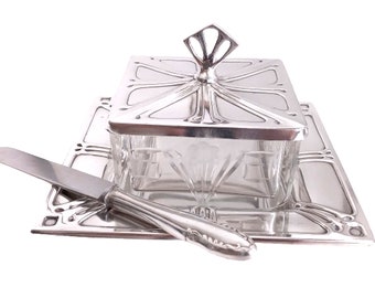 Meneses Art Deco style silver plate and cut glass Butter Dish