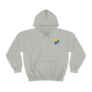 May include: A gray hooded sweatshirt with a yellow and blue Python logo embroidered on the left chest.