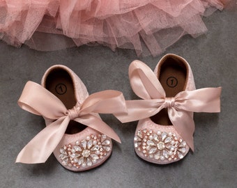 Luxury Blush Pink Baby Girl Shoes, Rhinestones Princess Style Crib Shoes Satin Bow, 1st Birthday Outfit Flower Girl Wedding Baby Shower Gift