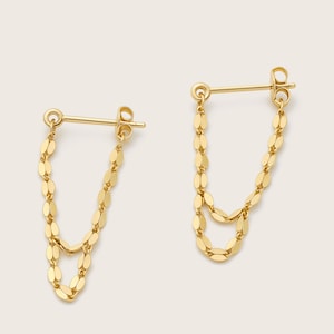 14k Solid Gold Chain Stud Earrings, Double Chain Drop Earrings, 585 Gold Statement Studs Lightweight Everyday Dangles Women&#39;s Fine Jewellery