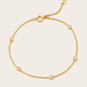 14k Solid Gold Diamond Bracelet – Dainty Real Gold Minimalist Jewelry Tiny Stones Chain Bracelet Daughter Wedding Anniversary Gift For Her