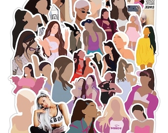 May include: A collection of die-cut stickers featuring stylized illustrations of a pop singer. The stickers showcase various poses and outfits, with a color palette including shades of brown, pink, and blue. Some stickers include text, such as "Sweetener" and "EBODY".