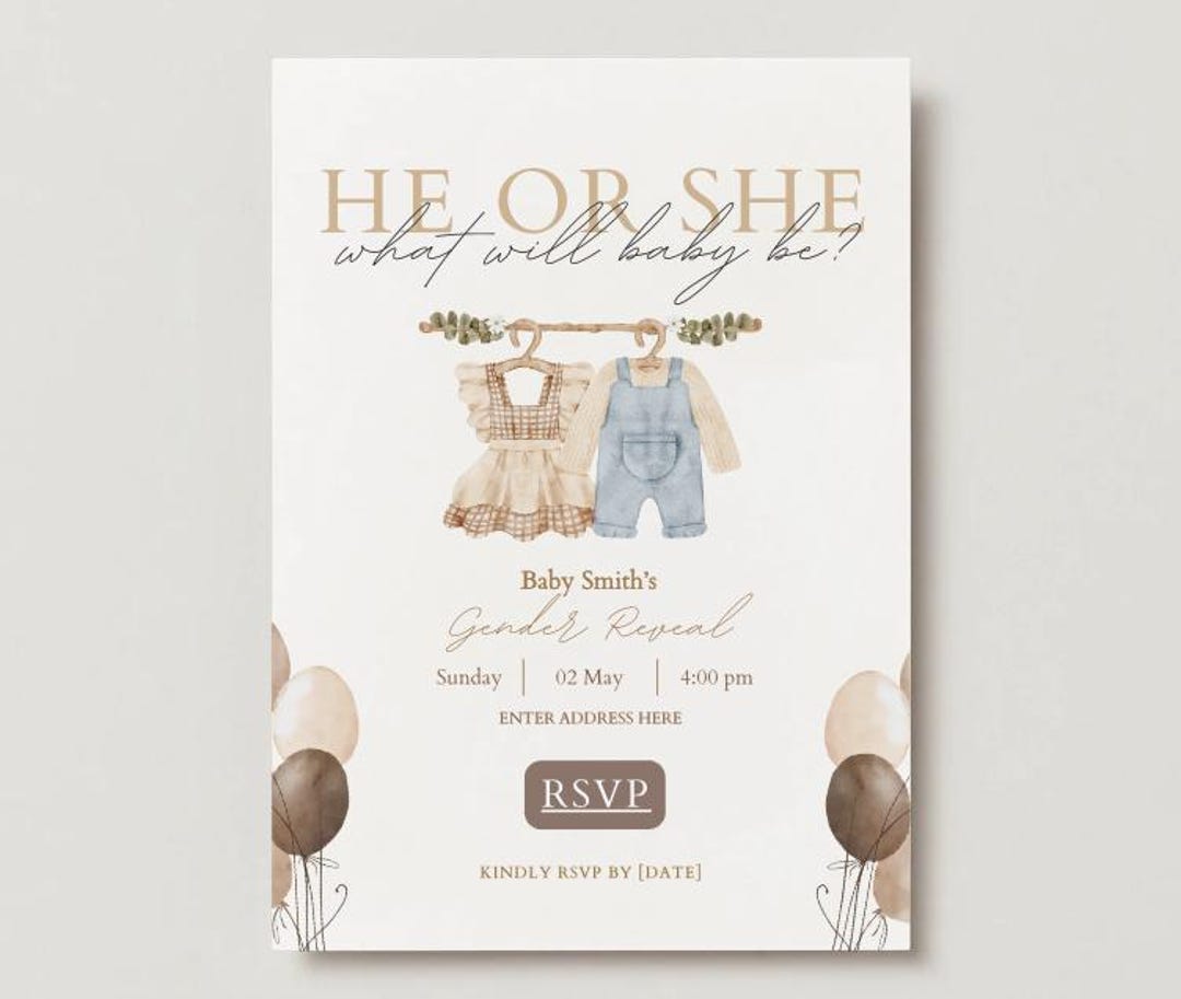 Neutral He or She Brown Gender Reveal Invitation | Baby Shower Digital ...