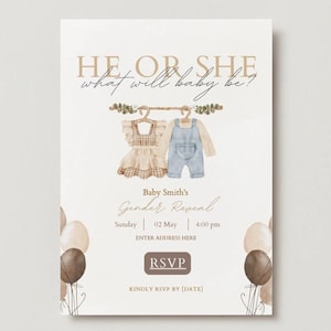 Invitación para revelación de género en marrón neutro para él o ella / Invitación digital para baby shower / Código QR de RSVP rastreable / Plantilla imprimible de revelación de bebé bohemio