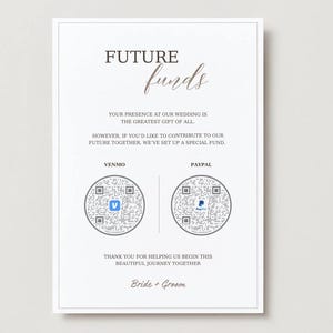 Pode incluir: Um cartão branco com o texto "FUTURE funds" em escrita cursiva marrom. O cartão tem dois códigos QR, um para Venmo e outro para PayPal. O texto abaixo dos códigos QR diz "THANK YOU FOR HELPING US BEGIN THIS BEAUTIFUL JOURNEY TOGETHER" e "Bride + Groom".
