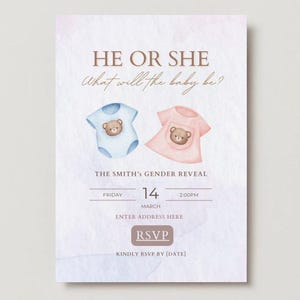 Invitación para revelar el género de un oso / Plantilla editable para revelar el género con código QR de RSVP rastreable / Invitación para baby shower con descarga digital