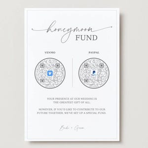Pode incluir: Um cartão branco com o texto "honeymoon fund" em itálico. O cartão tem dois códigos QR, um para Venmo e outro para PayPal. O texto abaixo dos códigos QR diz "Sua presença no nosso casamento é o maior presente de todos. No entanto, se você quiser contribuir para o nosso futuro juntos, criamos um fundo especial. Noiva & Noivo."