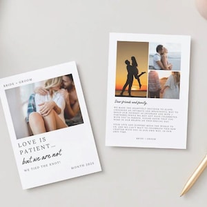 May include: A wedding announcement card with a photo of a couple embracing. The card features the text "Love is patient... but we are not. We tied the knot! Month 2025." and a message to friends and family.