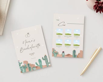 May include: A printable bachelorette party game with a cactus theme. The game is called "The Crew" and has spaces for the bride, maid of honor, and bridesmaids' names. The game is decorated with cacti and stars.