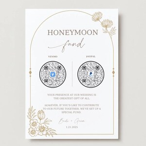 Código QR do Gold Honeymoon Fund | Placa de código QR elegante para casamento | Placa digital de doação para lua de mel | Registro de casamento para impressão