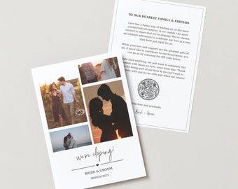 May include: A white wedding announcement card with the text "We're eloping!" and "Bride & Groom Month 2025". The card features four small photos of a couple. A second card contains a message and a QR code.
