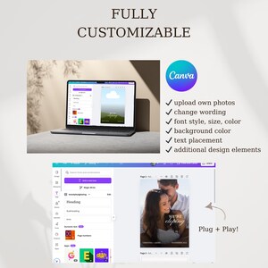 May include: A laptop screen displaying a Canva design template with a cloud and the text "Spring". The laptop is on a white surface. The text "FULLY CUSTOMIZABLE" is above the laptop. The text "Canva" is in a blue box with a white checkmark. Below the Canva box is a list of features: "upload own photos", "change wording", "font style, size, color", "background color", "text placement", "additional design elements". The text "Plug + Play!" is in the lower right corner of the image. The text "INSTANT ACCESS | NO EXPIRATION" is at the bottom of the image.