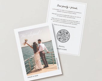 May include: A wedding announcement card with a photo of a couple on a boat. The card says "We eloped!" and includes the couple's names, Hailey & Zion, and the date, November 2025. A QR code is included on the card.