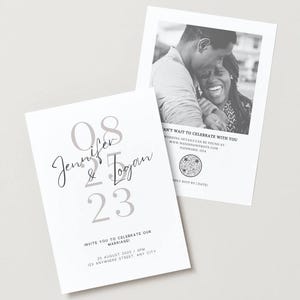 May include: Two white wedding invitations with text. One card features the names "Jennifer & Logan" and the date "08 25 23". The other card has a black and white photo of a couple and the text "Can't wait to celebrate with you".