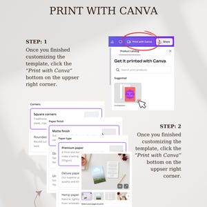 May include: A screenshot of a computer screen showing a Canva design template with instructions on how to print the design. The text on the screen says "Print with Canva".