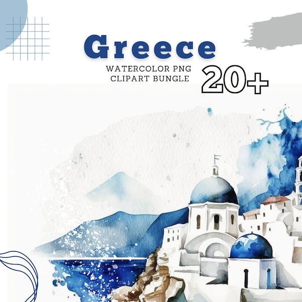 Santorini Greece Clipart, Greece summer clip art, PNG Greece watercolor, Greece Vacation Scrapbooking. Romantic Greece, Commercial Use