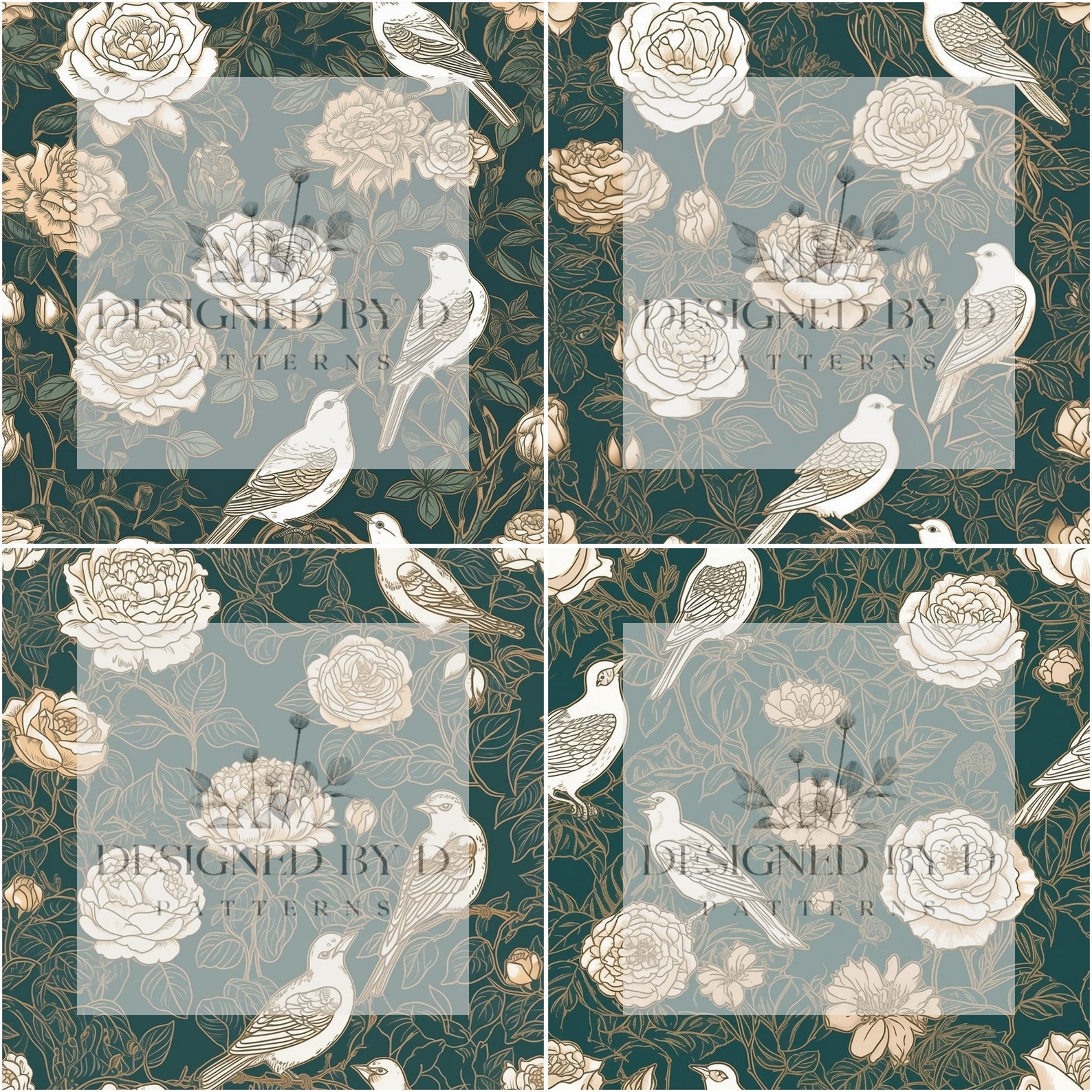 White Flowers &amp; Doves With Gold Leaf Details Digital Paper Pack ...