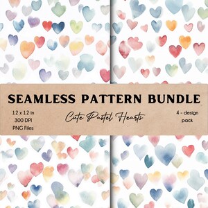 Lindos corazones pastel acuarela patrón sin costuras Paquete de San Valentín Descarga instantánea de archivos digitales 4-Pack Fondo Clipart Set Acceso instantáneo
