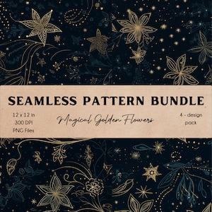 4er-Pack Nahtlose Muster Bündel Magische Goldene Blumen Digitales Clipart Papier Set Druckbare Postkarte Kunst Goldene Blumen Details Elegante Motive
